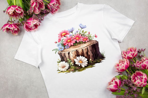 Flowers on Tree Stump Watercolor Clipart Sublimation Regulrcrative 