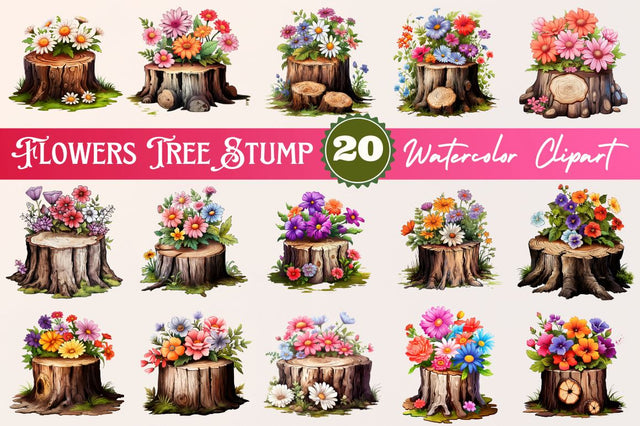 Flowers on Tree Stump Watercolor Clipart Sublimation Regulrcrative 