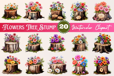 Flowers on Tree Stump Watercolor Clipart Sublimation Regulrcrative 