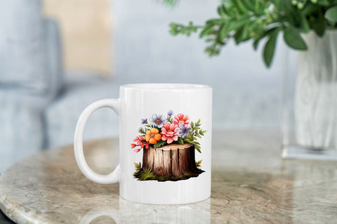 Flowers on Tree Stump Watercolor Clipart Sublimation Regulrcrative 