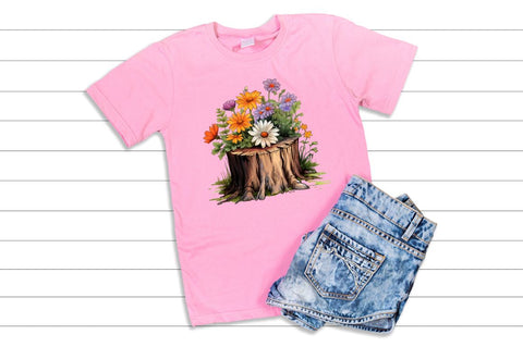 Flowers on Tree Stump Watercolor Clipart Sublimation Regulrcrative 