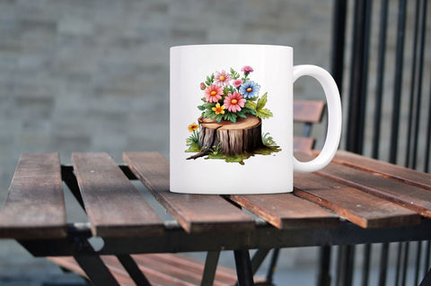 Flowers on Tree Stump Watercolor Clipart Sublimation Regulrcrative 