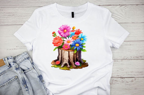 Flowers on Tree Stump Watercolor Clipart Sublimation Regulrcrative 