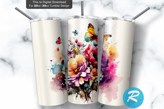 Flowers with Butterflies 20 oz / 30 oz Tumbler PNG Sublimation Regulrcrative 