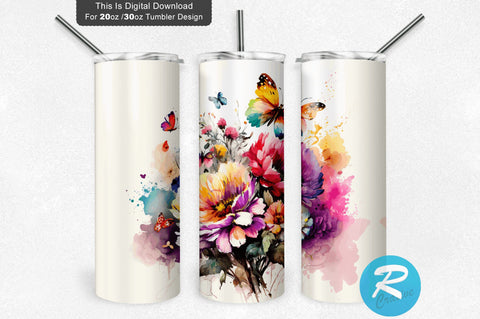 Flowers with Butterflies 20 oz / 30 oz Tumbler PNG Sublimation Regulrcrative 
