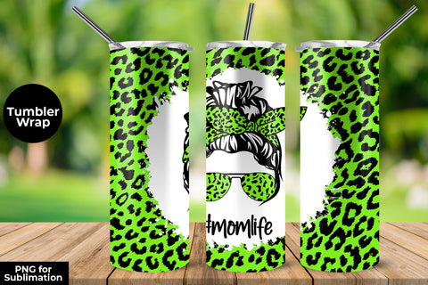 Fluorecent Green Leopard momlife 20 oz Skinny Tumbler Wrap Sublimation Design Sublimation Sublimatiz Designs 