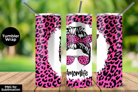 Fluorecent Pink Leopard momlife 20 oz Skinny Tumbler Wrap Sublimation Design Sublimation Sublimatiz Designs 