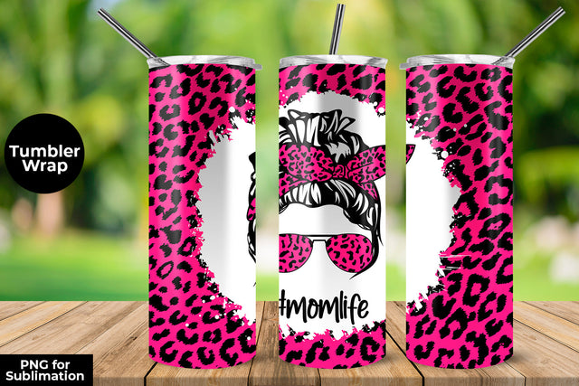 Fluorecent Rose Leopard momlife 20 oz Skinny Tumbler Wrap Sublimation Design Sublimation Sublimatiz Designs 