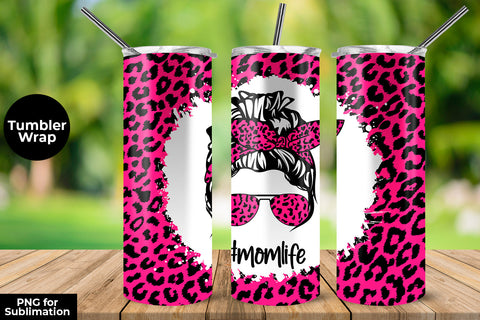 Fluorecent Rose Leopard momlife 20 oz Skinny Tumbler Wrap Sublimation Design Sublimation Sublimatiz Designs 