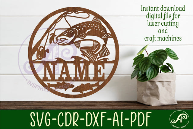 Fly fishing personalized name sign svg laser cut template SVG APInspireddesigns 