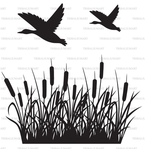 Flying mallard duck and reeds SVG TribaliumArtSF 