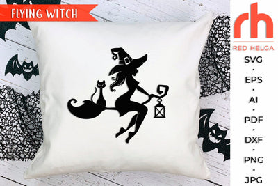 Flying Witch SVG, Witch Silhouette on a Broomstick, Witch Cat and Broom DXF, Halloween Design, Fall Decor, Spooky Season SVG RedHelgaArt 