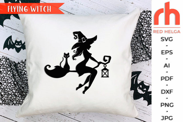 Flying Witch SVG, Witch Silhouette on a Broomstick, Witch Cat and Broom DXF, Halloween Design, Fall Decor, Spooky Season SVG RedHelgaArt 