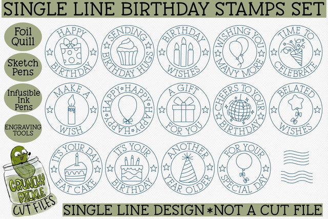 Foil Quill Birthday Stamps / Single Line Sketch SVG Crunchy Pickle 