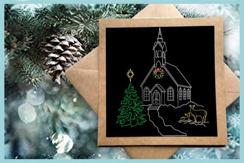 Foil Quill Single Line Christmas Church With Deer and Pine Tree SVG SVG Harbor Grace Designs 