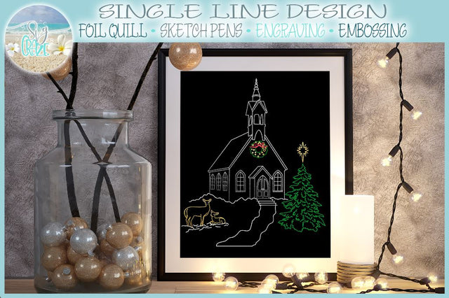 Foil Quill Single Line Christmas Church With Deer and Pine Tree SVG SVG Harbor Grace Designs