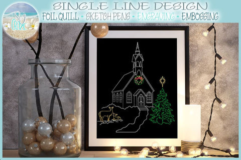 Foil Quill Single Line Christmas Church With Deer and Pine Tree SVG SVG Harbor Grace Designs 