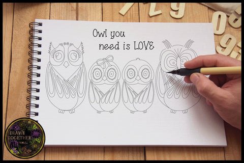 Foil Quill | Single Line Sketch | Digi Stamp - Funny Owl Family Sketch DESIGN DrawnTogether with love 