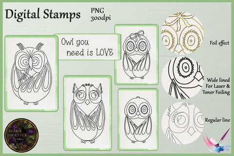 Foil Quill | Single Line Sketch | Digi Stamp - Funny Owl Family Sketch DESIGN DrawnTogether with love 