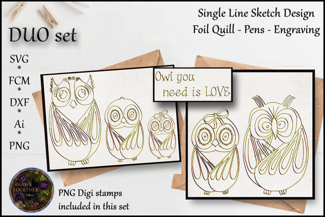 Foil Quill | Single Line Sketch | Digi Stamp - Funny Owl Family Sketch DESIGN DrawnTogether with love 