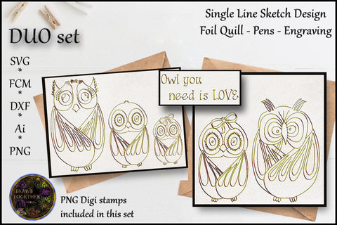 Foil Quill | Single Line Sketch | Digi Stamp - Funny Owl Family Sketch DESIGN DrawnTogether with love 