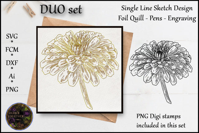 Foil Quill | Single Line Sketch | Digi Stamps - Zinnia Flower Sketch DESIGN DrawnTogether with love 