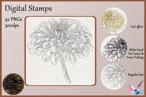 Foil Quill | Single Line Sketch | Digi Stamps - Zinnia Flower Sketch DESIGN DrawnTogether with love 
