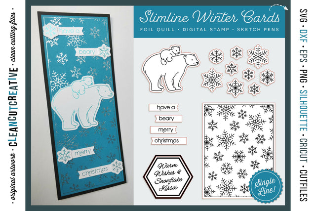 Foil Quill Winter Slimline Card pack with polar bear and snowflakes | foil transfer sketch file Sketch DESIGN CleanCutCreative 