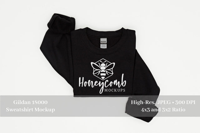 Folded Sweatshirt Mockup, Black Gildan 18000 Mockup, Black Sweatshirt Mockup Mock Up Photo Honeycomb Mockups 