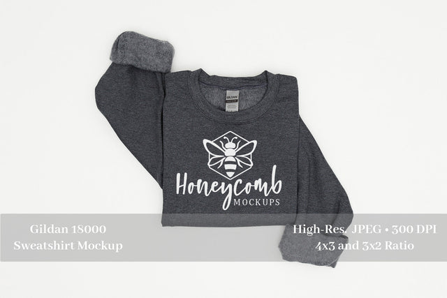 Folded Sweatshirt Mockup, Dark Heather Gildan 18000 Mockup, Dark Grey Sweatshirt Mockup Mock Up Photo Honeycomb Mockups 
