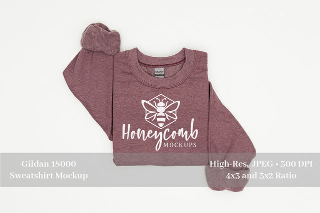 Folded Sweatshirt Mockup, Heather Sport Dark Maroon Gildan 18000 Mockup Mock Up Photo Honeycomb Mockups 