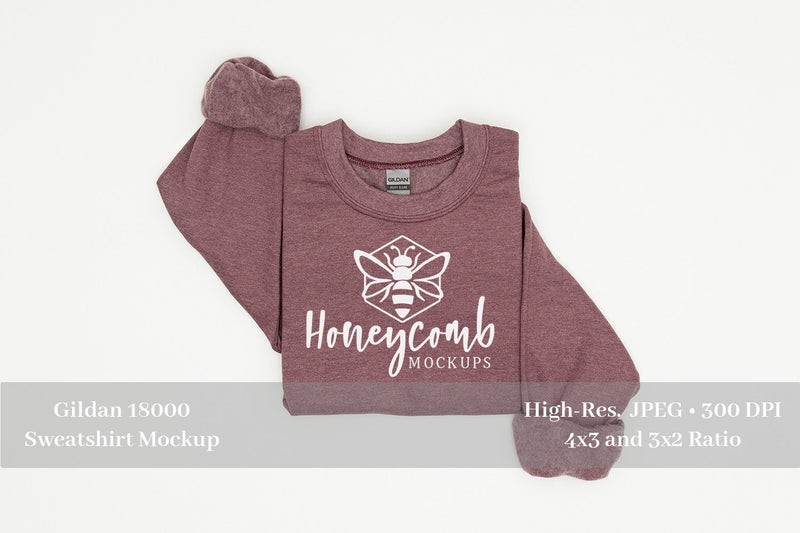 Folded Sweatshirt Mockup, Heather Sport Dark Maroon Gildan 18000 Mockup Mock Up Photo Honeycomb Mockups 