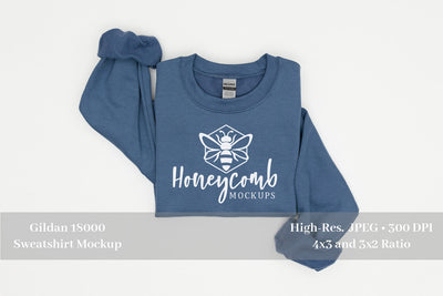 Folded Sweatshirt Mockup, Indigo Blue Gildan 18000 Mockup, Blue Sweatshirt Mockup Mock Up Photo Honeycomb Mockups 