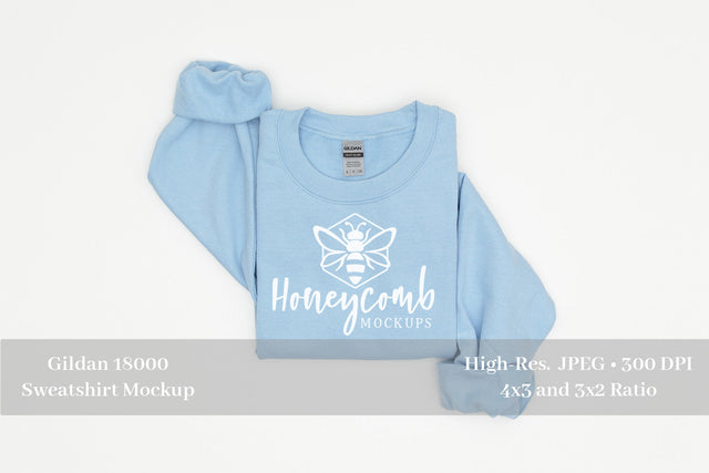 Folded Sweatshirt Mockup, Light Blue Gildan 18000 Mockup, Blue Sweatshirt Mockup Mock Up Photo Honeycomb Mockups 