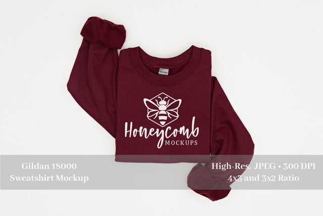 Folded Sweatshirt Mockup, Maroon Gildan 18000 Mockup, Maroon Sweatshirt Mockup Mock Up Photo Honeycomb Mockups 