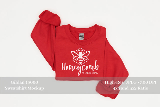 Folded Sweatshirt Mockup, Red Gildan 18000 Mockup, Red Sweatshirt Mockup Mock Up Photo Honeycomb Mockups 