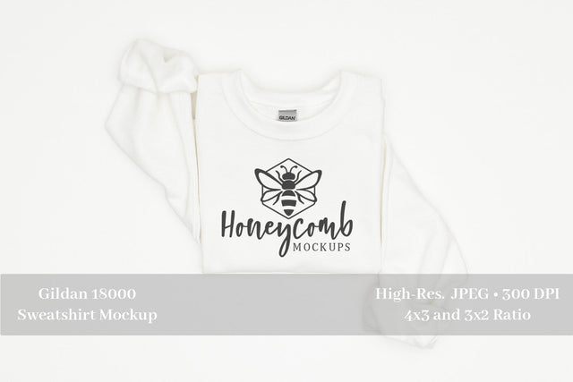 Folded Sweatshirt Mockup, White Gildan 18000 Mockup, White Sweatshirt Mockup Mock Up Photo Honeycomb Mockups 
