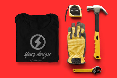 Folded Tee Shirt with Tools PSD Photoshop Mockup Mock Up Photo Risa Rocks It 
