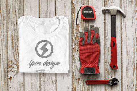 Folded Tee Shirt with Tools PSD Photoshop Mockup Mock Up Photo Risa Rocks It 