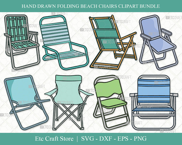 Folding Beach Chairs Clipart SVG Cut File, Lawn Chair Svg, Folding Chair Svg, Camping Chair Svg, Folding Beach Chairs Bundle, Eps, Dxf, Png SVG ETC Craft 