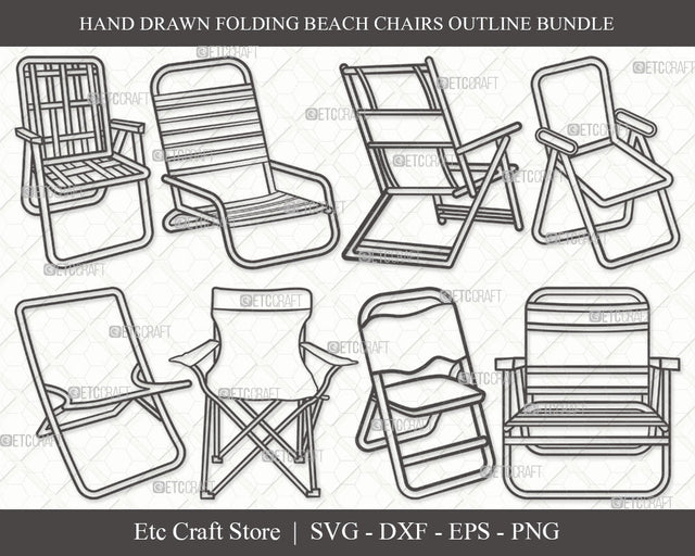 Folding Beach Chairs Outline SVG Cut File, Lawn Chair Svg, Folding Chair Svg, Camping Chair Svg, Folding Beach Chairs Bundle, Eps, Dxf, Png SVG ETC Craft 