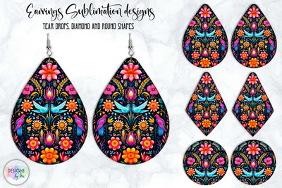 Folklore Birds and Flowers Earrings Designs SVG Designs by Ira 