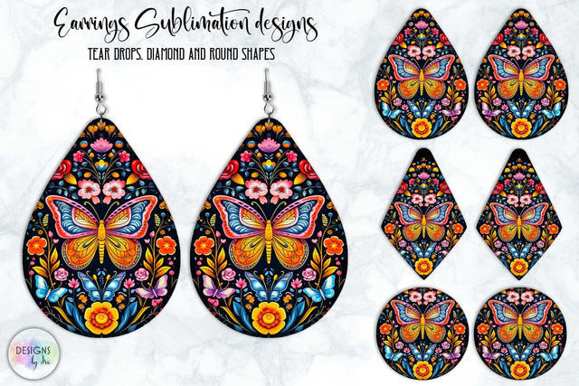 Folklore Butterfly Earrings Design | Teardrop Earrings with Folk Ornament SVG Designs by Ira 