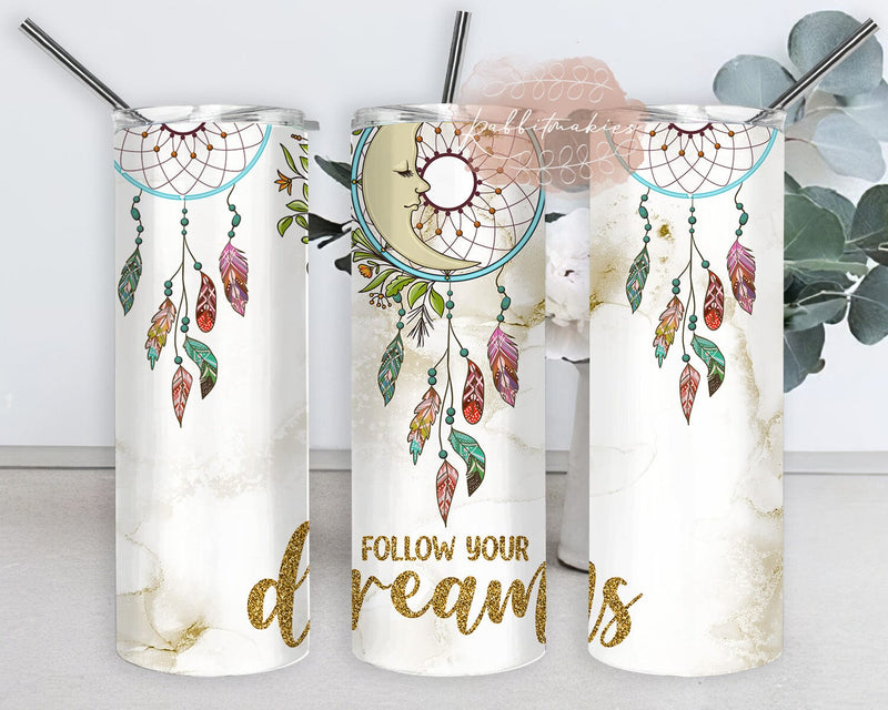 Follow Your Dreams Glitter Tumbler Design, Boho Dreamcatcher 20oz Skinny Tumbler, Marble Tumbler Wrap, Feathers Design Png, Dreamcatcher Sublimation Design, Instant Download Sublimation Rabbitmakies 