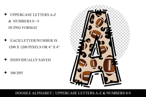 Football Leopard Alphabet Doodle Letters Sublimation BijouBay 