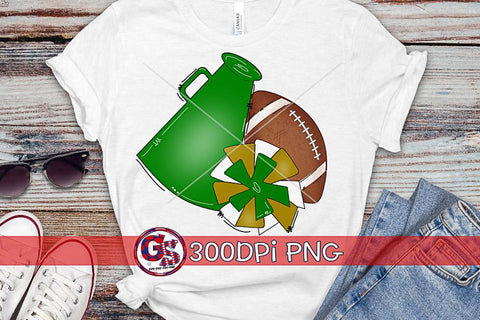 Football Megaphone Pom Pom Green Gold PNG for Sublimation Sublimation Greedy Stitches 