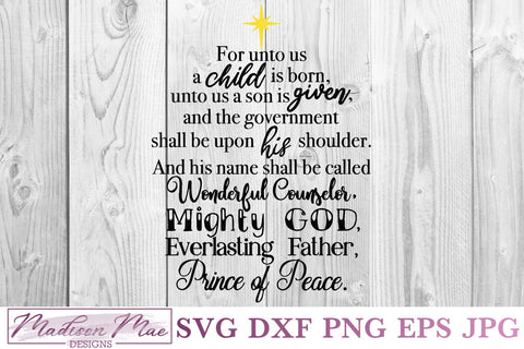 For Unto Us A Child Is Born, Christmas Bible Verse SVG SVG Madison Mae Designs 