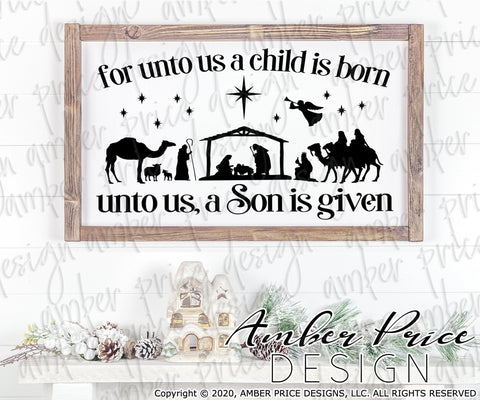 For unto us a child is born SVG PNG DXF | Christmas Nativity Scene SVG | Christian Christmas SVGs SVG Amber Price Design 