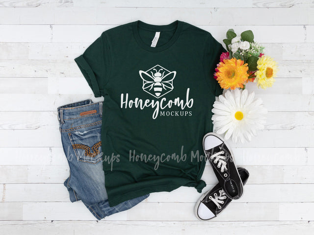 Forest Bella Canvas 3001 Mockup, Green T-Shirt Mockup Mock Up Photo Honeycomb Mockups 