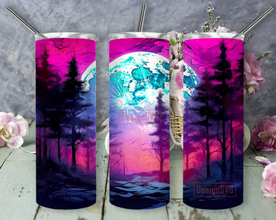 Forest Landscape With Silhouette Of Trees And Moon 20oz Skinny Tumbler Png, Background Is Colorful Alcohol Ink With Neon Colors Png, Northern Lights Night Sky Png Sublimation DesignSVG 